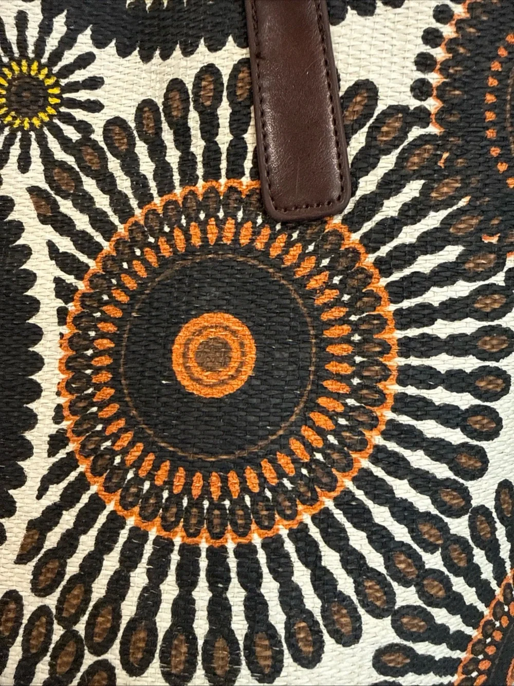 Neiman Marcus Large Straw Tote in Brown, Orange and Yellow Sunburst Print